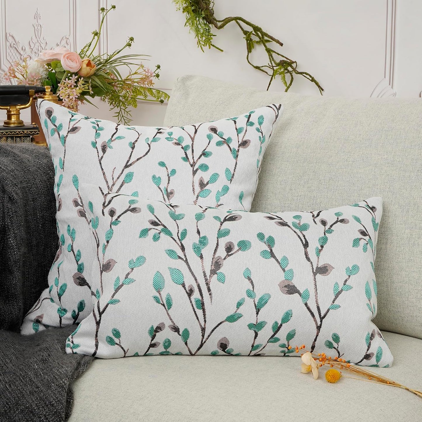 YOUR SMILE Classical Embroidery Jacquard Green Square Decorative Throw Pillow Case Cushion Cover,12x20 inch