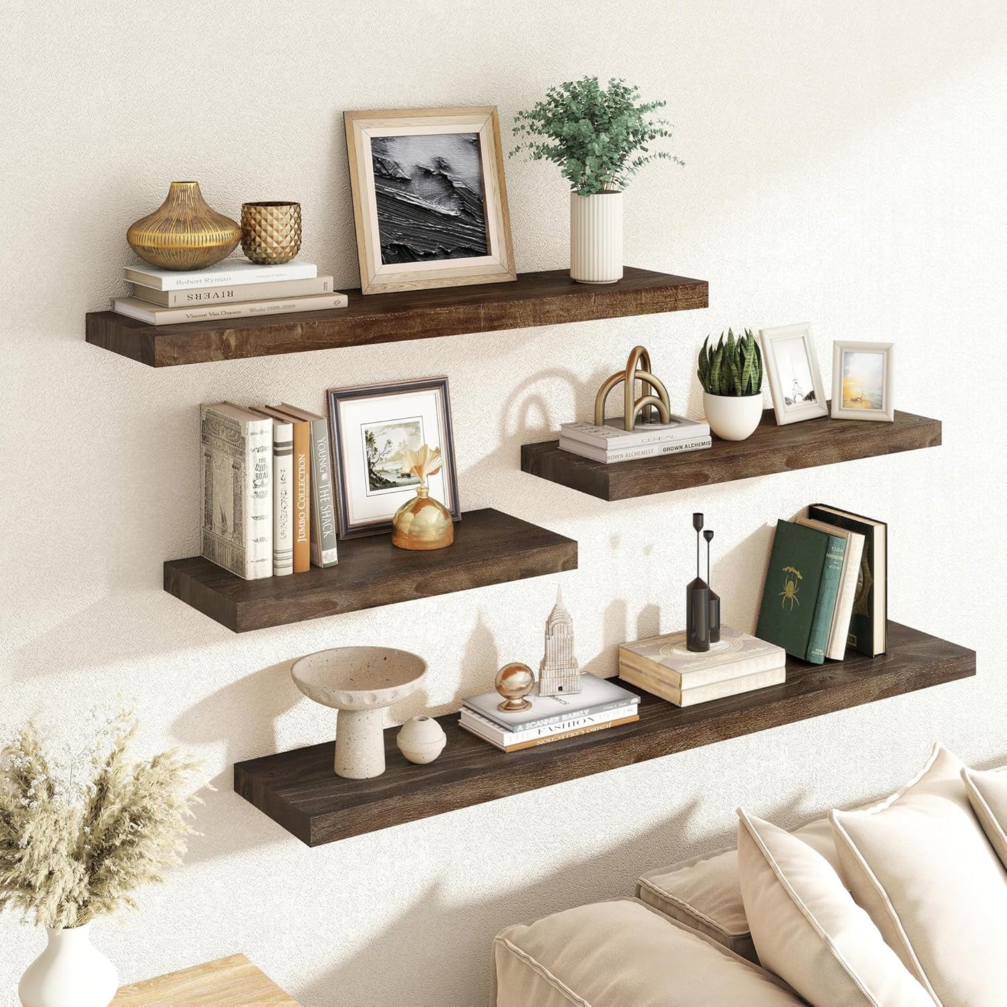 RICHFOCUS Elm Floating Shelves for Wall - 40" W x 9.3" D Rustic Solid Wood Shelves with Invisible Bracket, Wall-Mounted for Living Room, Bedroom, Kitchen Storage & Display, Set of 2, Walnut