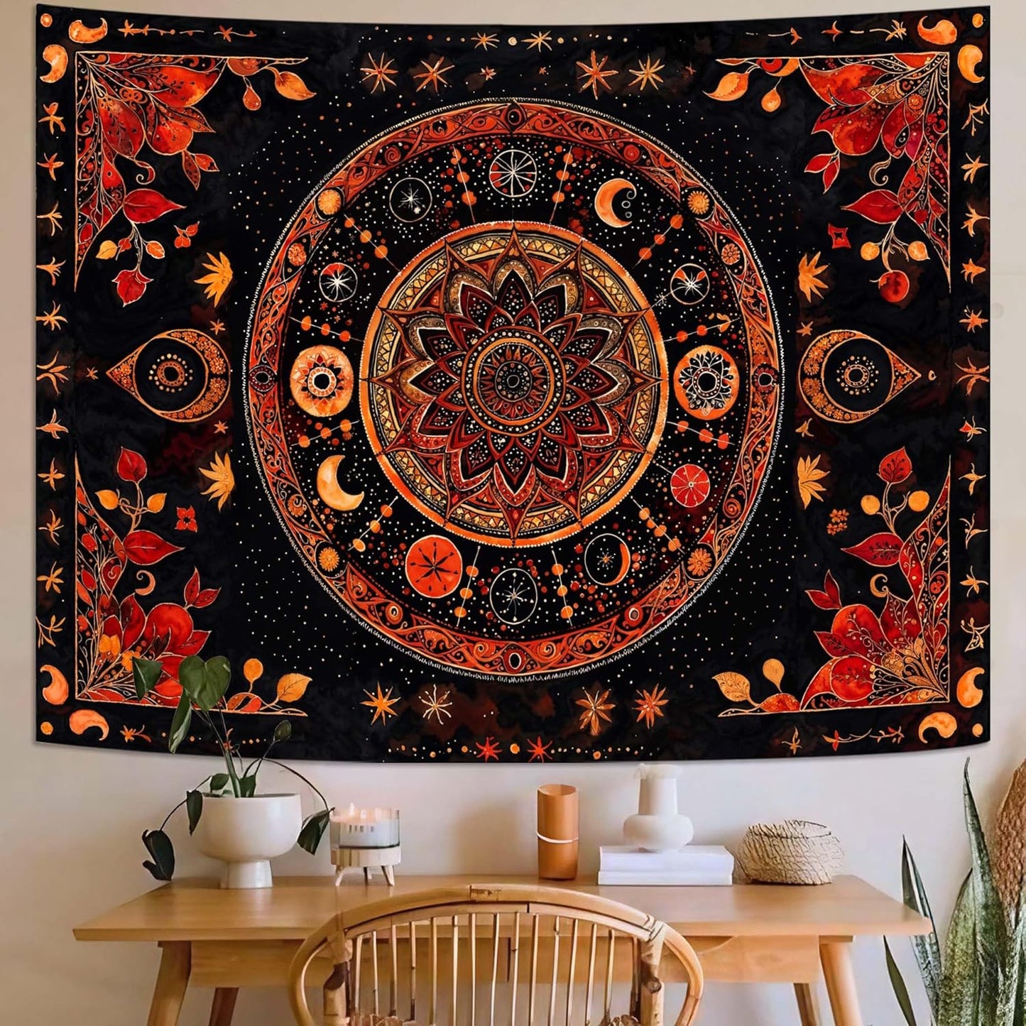 Lunerfex Mandala Moon and Stars Tapestry Boho Tapestry for Bedroom Black and Orange Tapestries Wall Hanging Living Room Wall Art and Home Decor 70x90