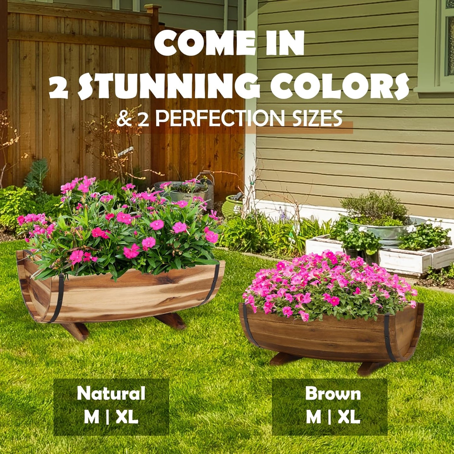 IDZO Solid Acacia Wood Half Barrel Planters Outdoor Set of 2 Different Sizes, Wooden Planters for Outdoor Plants with Metal Bands & Drainage Holes, Legs Included, Natural