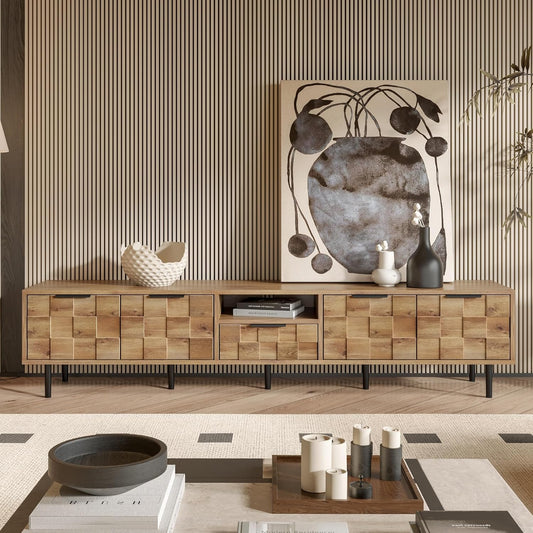 Modern TV Stand for TVs up to 85", Mid-Century Media Console with Checkered Cabinet Doors, Storage Drawers & Open Shelves, Wood Entertainment Center with Metal Legs