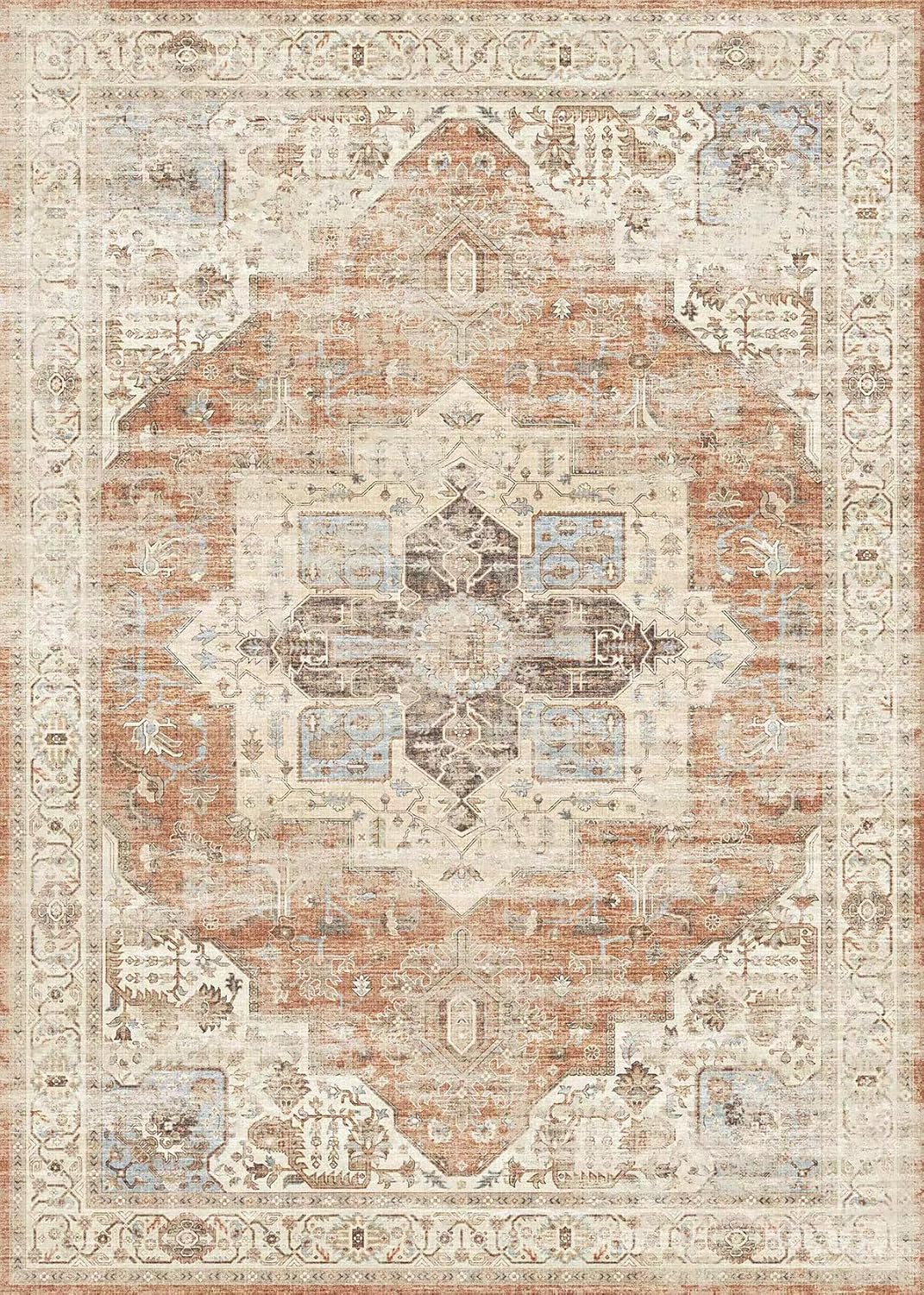 5'x7' Area Rug - Vintage Persian Medallion Design Low-Pile Faux Wool Rug, Non-Slip Backing, Machine Washable, for Living Room, Dining Room, Bedroom (Brick Red)