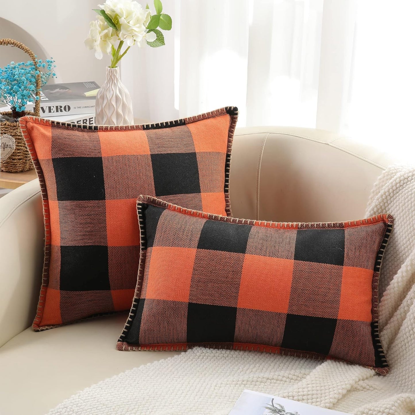 decorUhome Fall Orange and Black Decorative Throw Pillow Covers 18x18 Set of 2, Buffalo Plaid Check Farmhouse Cushion Covers with Stitched Edge for Autumn Harvest Couch Sofa Bed Home Decor
