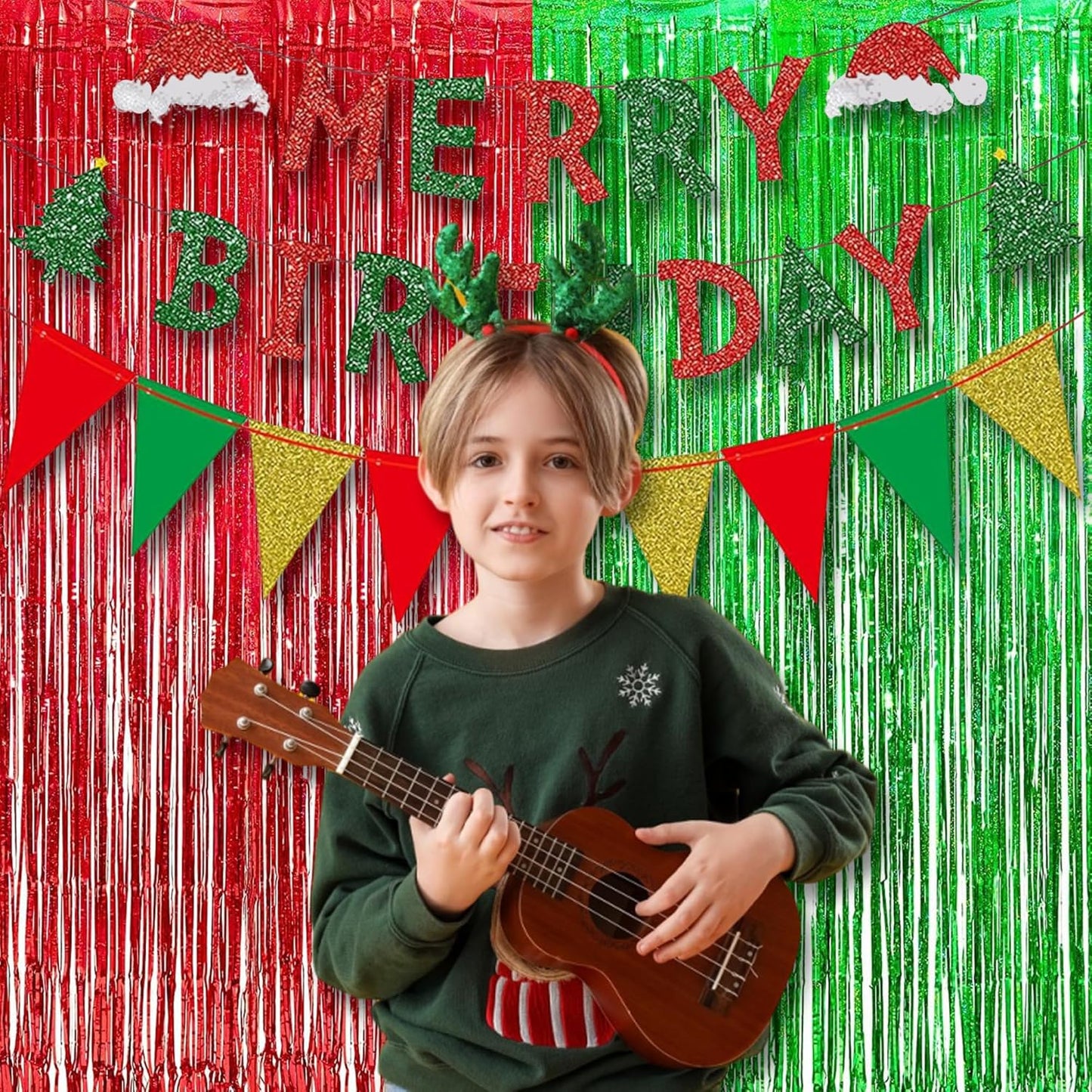 BRAVESHINE Tinsel Foil Fringe Curtains - 2 Pack 3.2 x 8.2 ft Metallic Photo Booth Streamer Backdrops for Birthdays Fiestas Melons Hawaiian Luau Tropical-Theme Christmas Party Decorations - Red Green