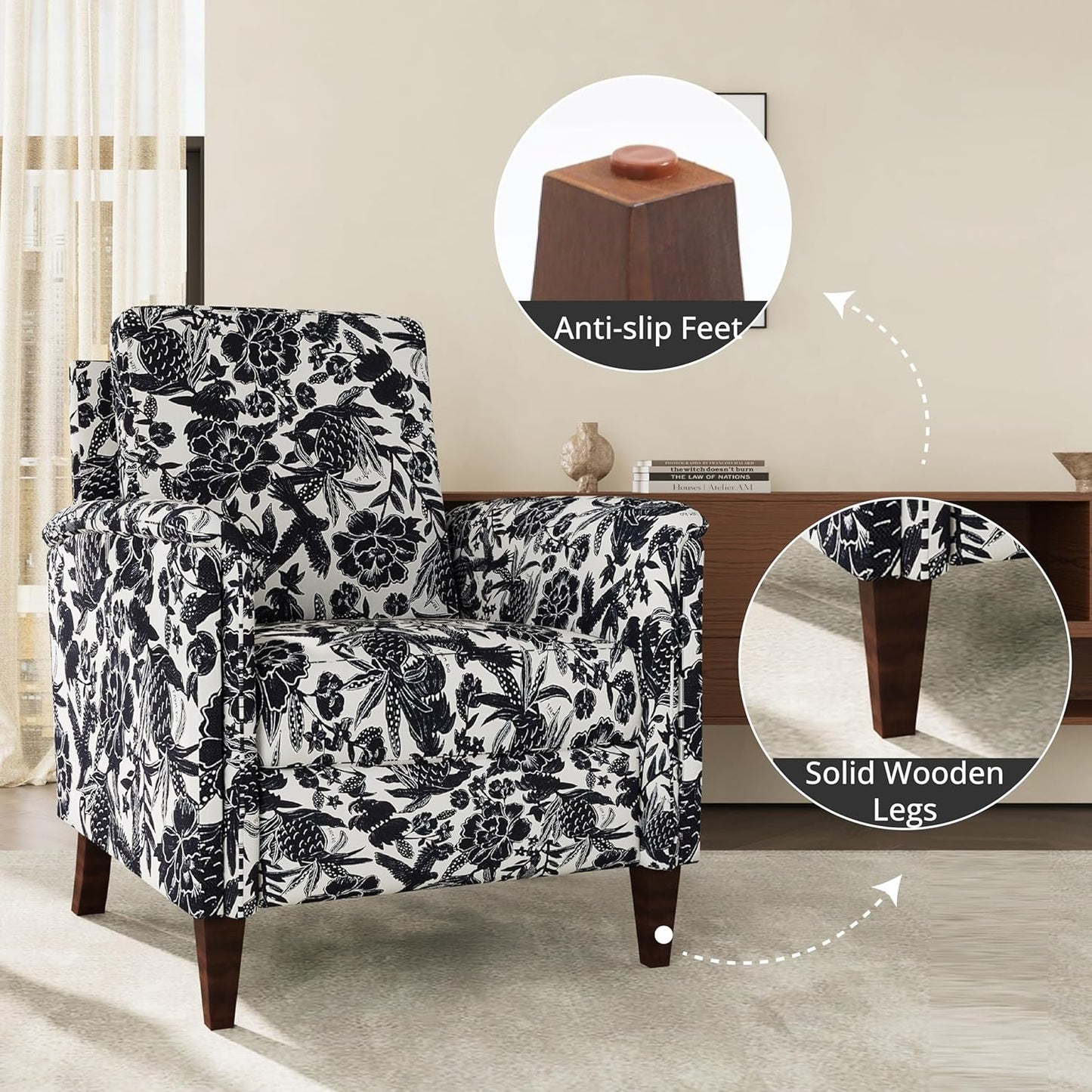 Floral Accent Chair Set of 2, High Back Upholstered Armchair with Solid Wooden Legs, Padded Armrest and Removable Comfortable Cushioned Seat Single Sofa for Living Room, Bedroom, Black