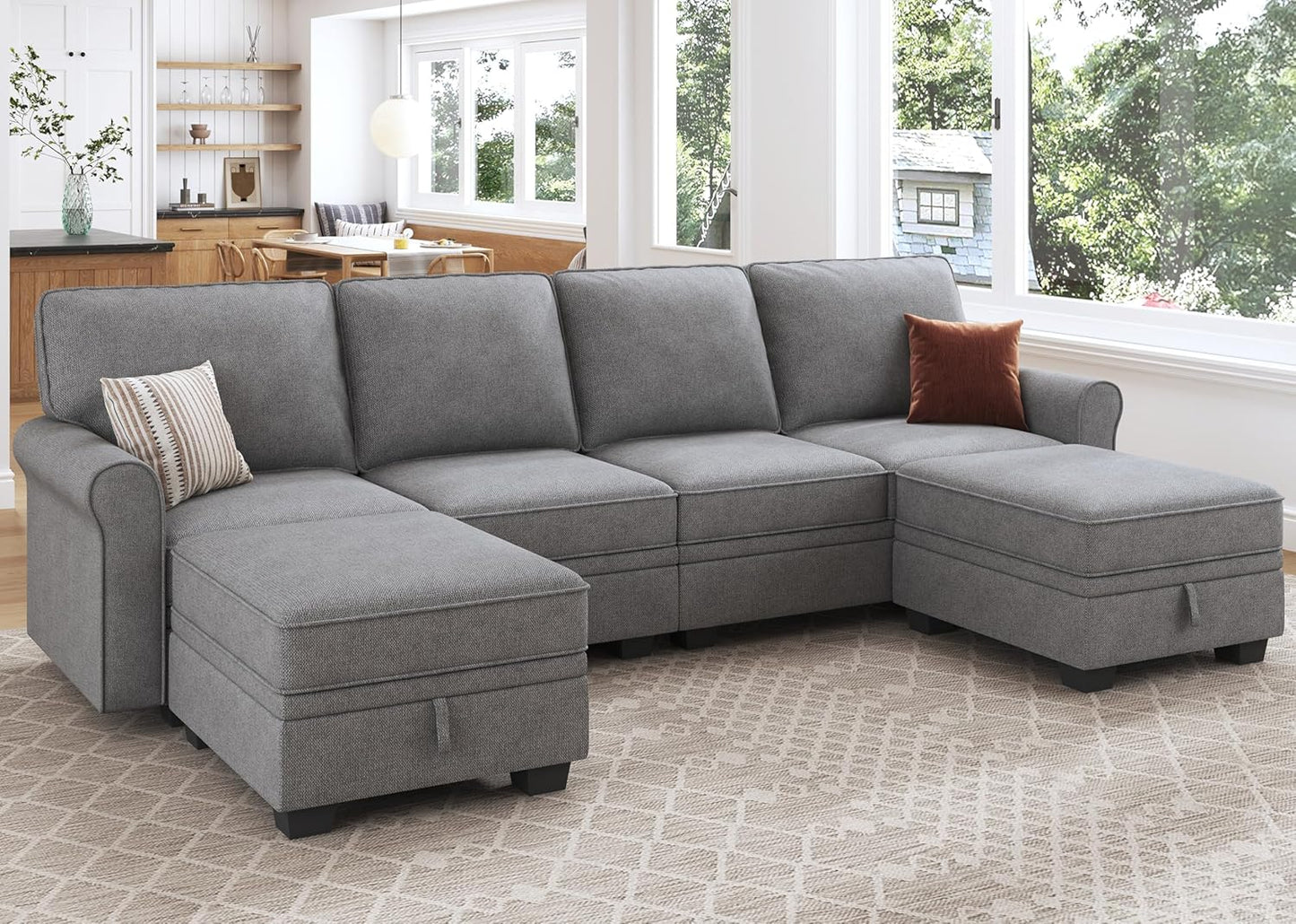 HONBAY Convertible Sectional Sofa with Storage Seat 6 Seat Sofa with Reversible Chaise U Shaped Sectional Couch for Living Room,Light Grey