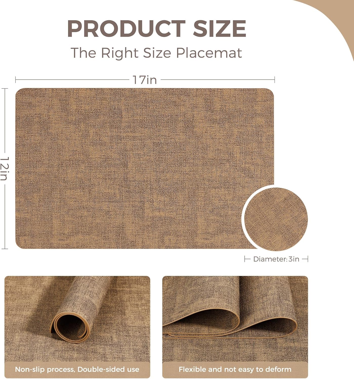 Vinyl Placemats Set of 6, Faux Leather Waterproof and Heat Resistant Place Mats, Washable Anti-Slip Table Mats with Coaster, Wipeable Placemats for Indoor & Outdoor 17" x 12" (Light Brown, Set of 6)