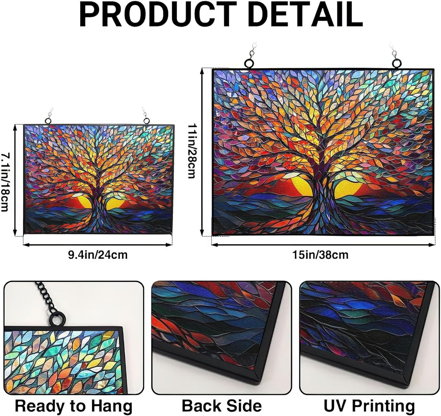 Rectangle Tree of Life Stained Glass Window Hanging Window Suncatcher Glass Panel with Metal Chain Sun Catchers Wall Art Home Decor Gift for Women Mother's Day