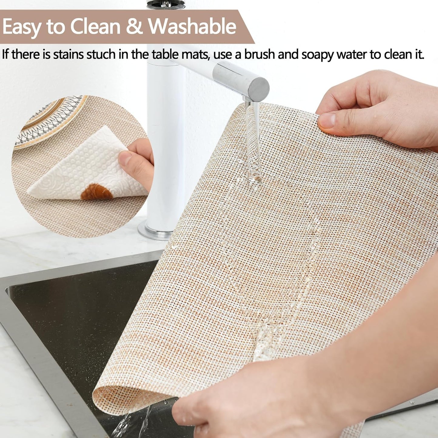 Placemats Set of 4 - Easy Clean Washable Vinyl Placemats - Wipeable Heat Resistant Table Mats for Dining Table - 17.7x11.8 Inch (4, Beige)