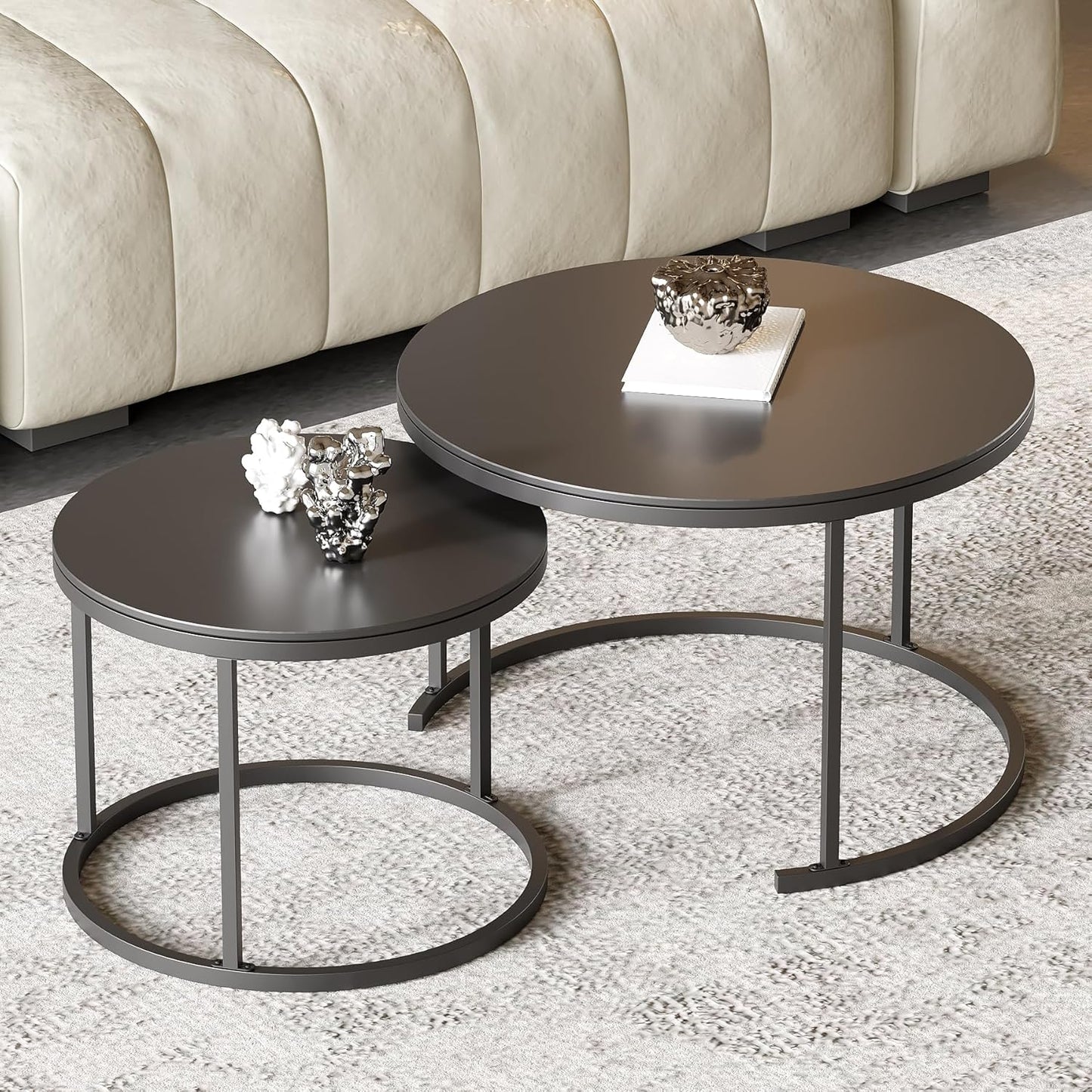 Round Nesting Coffee Table, Black Modern Decorative Coffee Center Table Set of 2, Sintered Stone Coffee Table for Living Room with Sturdy Metal Frame.