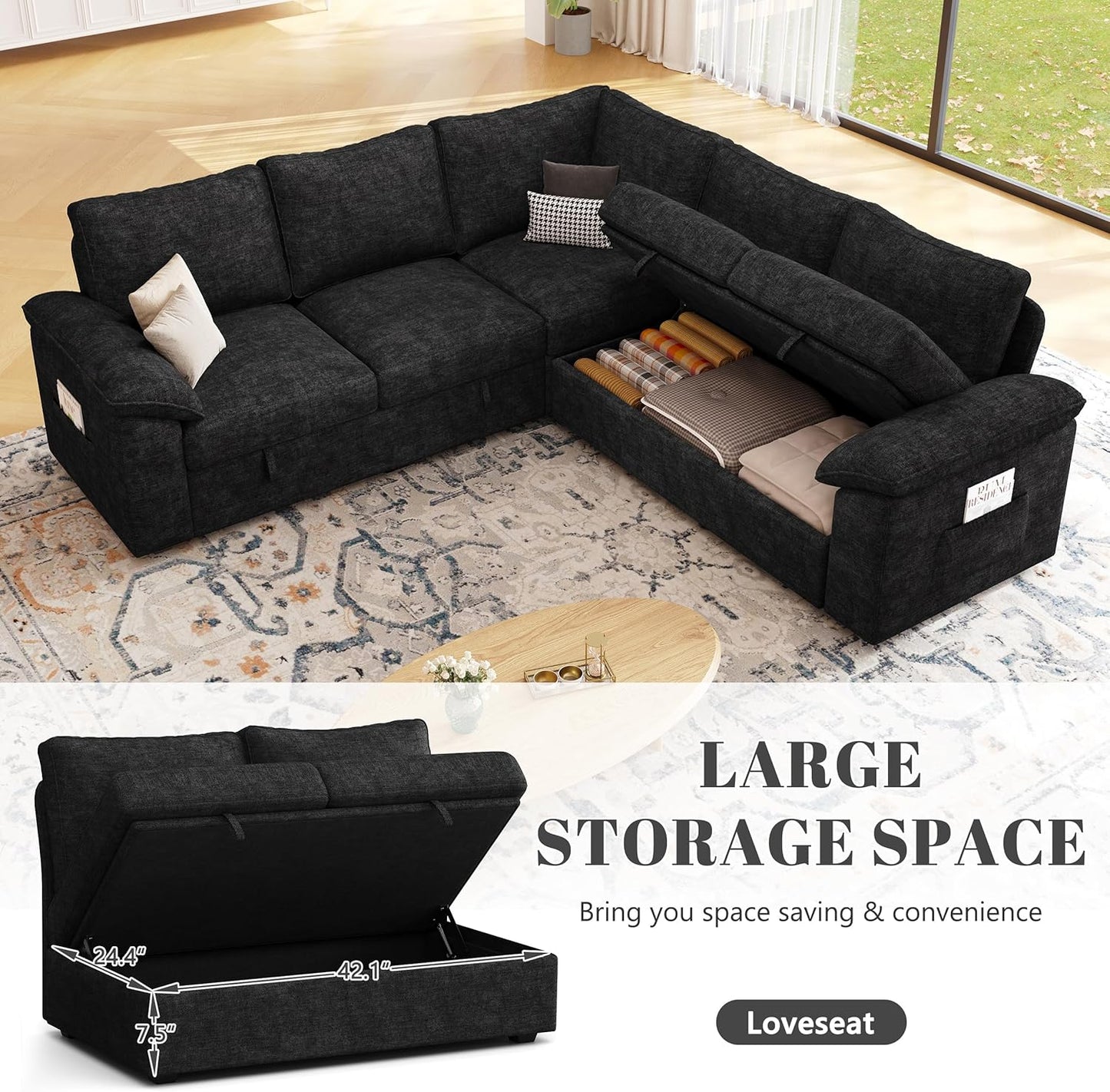 85 Inch Modular Sectional Sofa with Pull Out Bed,L Shaped 5 Seat Sectional Sleeper Sofa with Storage,Sectional Couches for Living Room,Cloud Modular Couch,Removable Sofa Cover,Black
