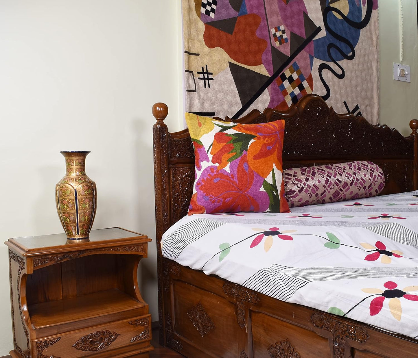 Floral Bloom Pillow Cover | Suzani Accent Pillowcase | Flower Accent Cushions | Hand Embroidered Wool Cushion - 18x18