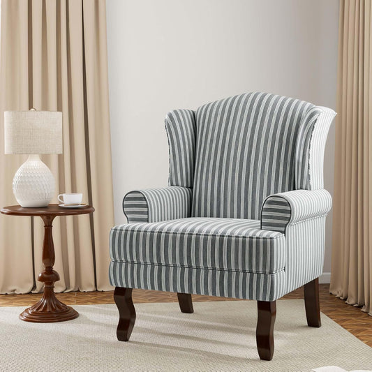 Accent Chair, High Back Upholstered Armchair with High Resilience Sponge & Wood Legs, Mid-Century Modern Comfy Single Sofa Reading Chairs for Living Room, Bedroom (Stripe Grey, Set of 1)