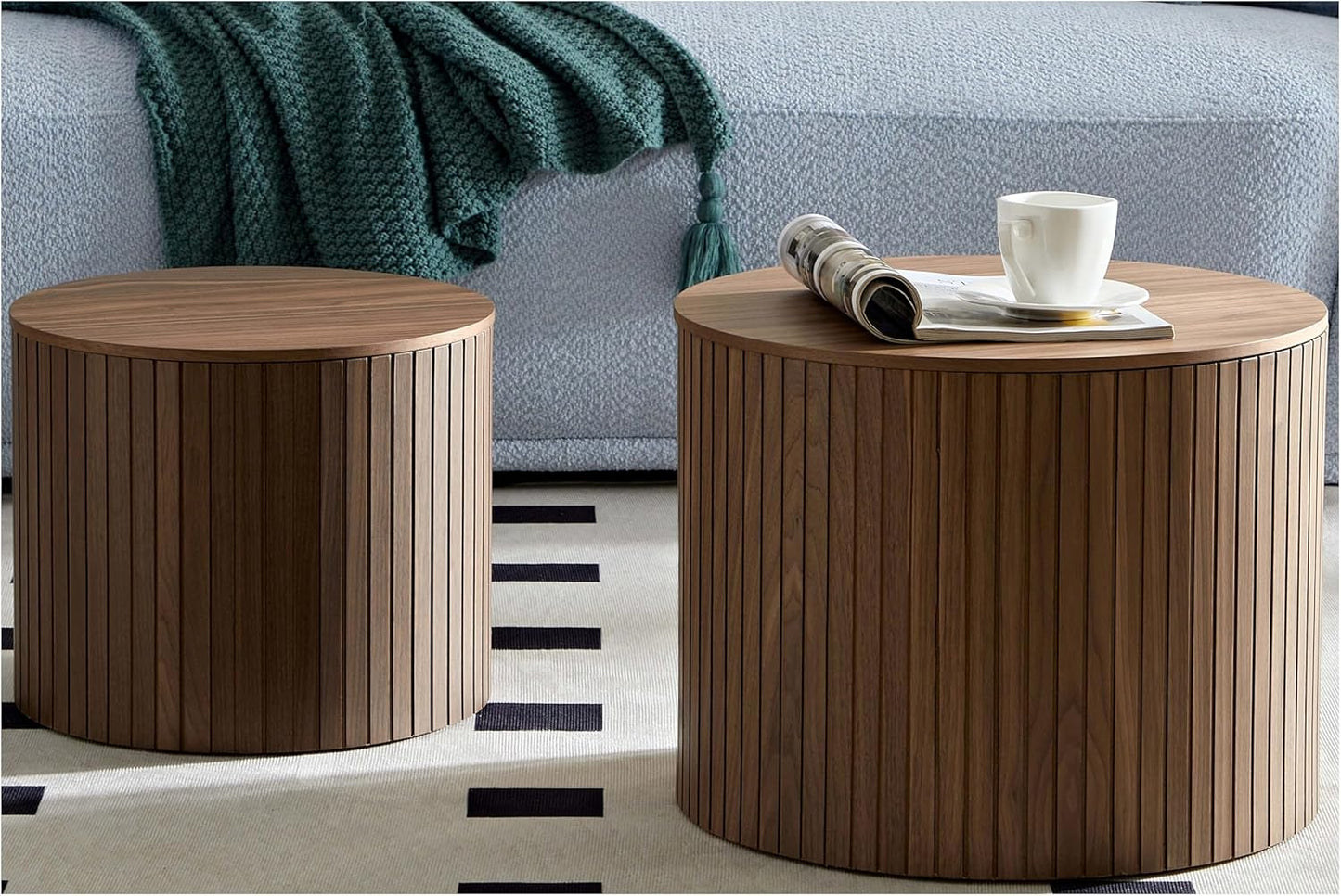 Round Coffee Table with Storage,19.17" Nesting Coffee Table Set of 2, Modern Accent End Table Set for Living Room, No Assembling, Side Table for Apartment,Office,Dorm (Walnut)