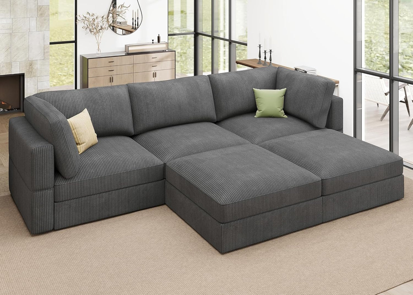 HONBAY Modular Sectional Sofa with Storage Corduroy U Shaped Sofa Modular Sectional Couches for Living Room,Dark Grey