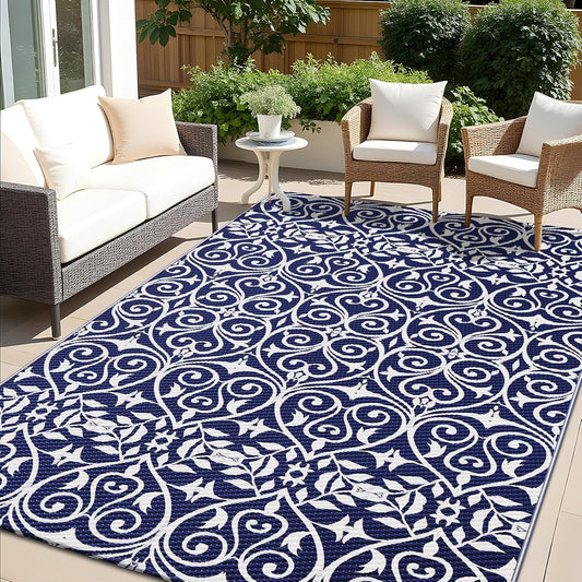 OLANLY Outdoor Rug Waterproof 5x8 ft Clearance, Reversible Outdoor Plastic Straw Rug with Floral Pattern, RV Mat for Patio, Camping, Balcony, Deck, Backyard, Navy & White