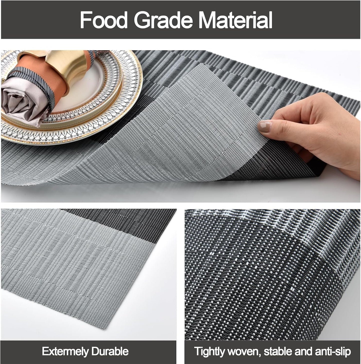 Placemats Set of 4 - Washable Easy Clean Vinyl Placemats - Heat Resistant PVC Place Mats for Dining Table - (Black and Gray, 4)
