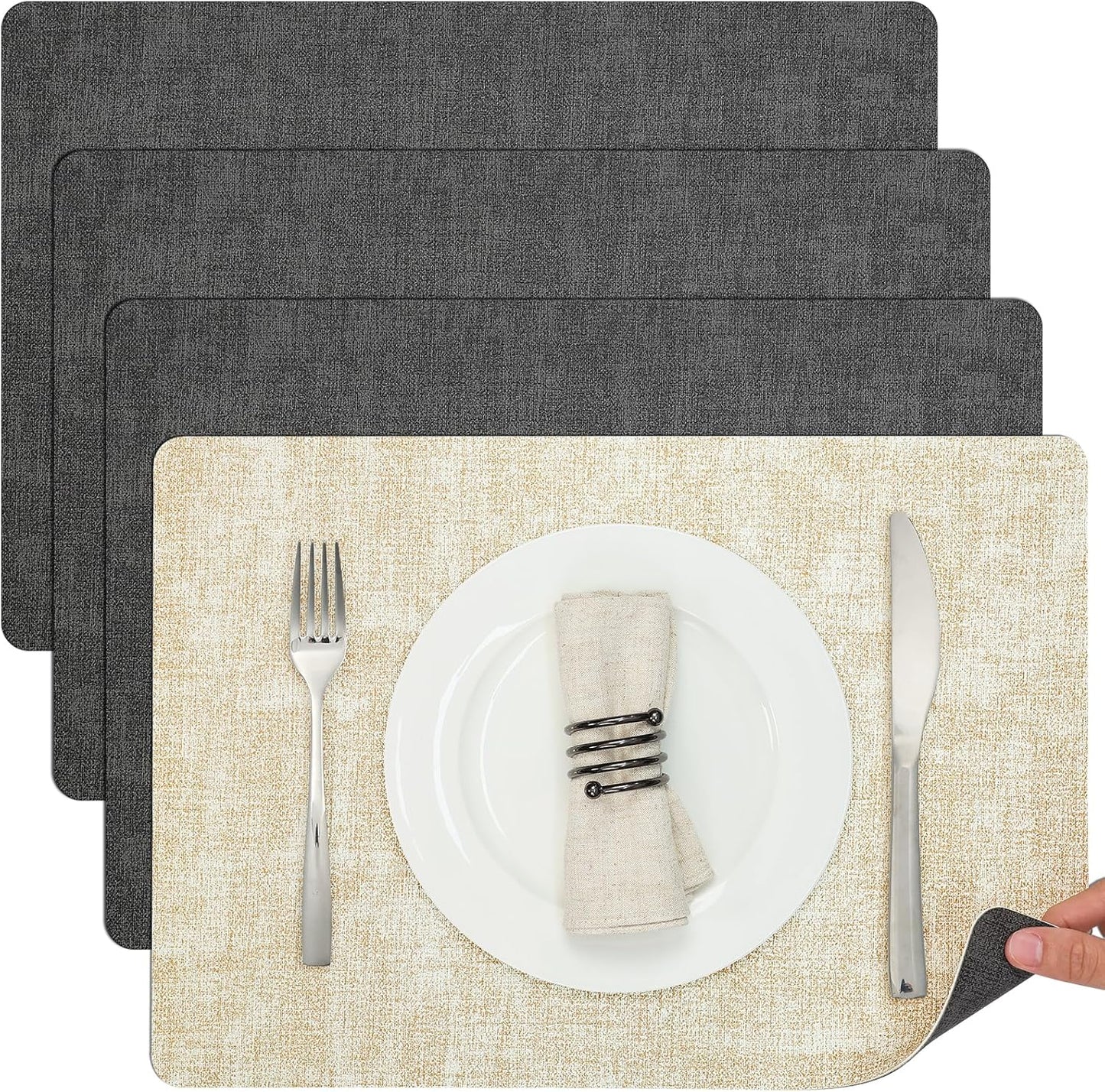 Myir JUN Dual Sided Placemats, Faux Leather Set of 4 for Dining Table Indoor Outdoor, Square Non-Slip Washable Table Mats (Gray Cream-White)