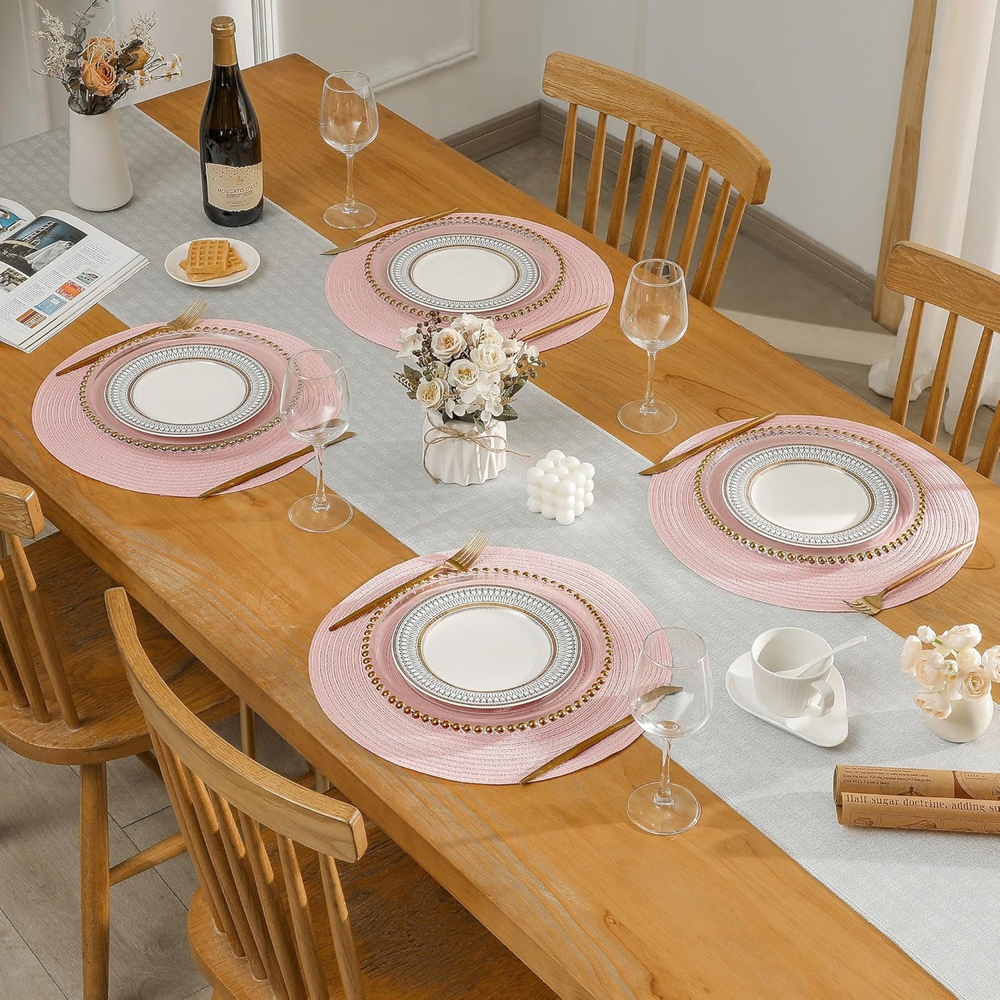 Leetaltree Round Placemats Heat and Slip Resistant Cotton Table Mats, Washable Bohemian Placemats for Dining Tables (Pink, Set of 4)