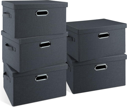 Medium 15" 21 Quart Collapsible Stackable Storage Bins with Lids, 5 Packs Dark Gray Foldable Fabric Closet Storage Boxes with Lids, Lidded Heavy-duty Linen Baskets(15x11x8)