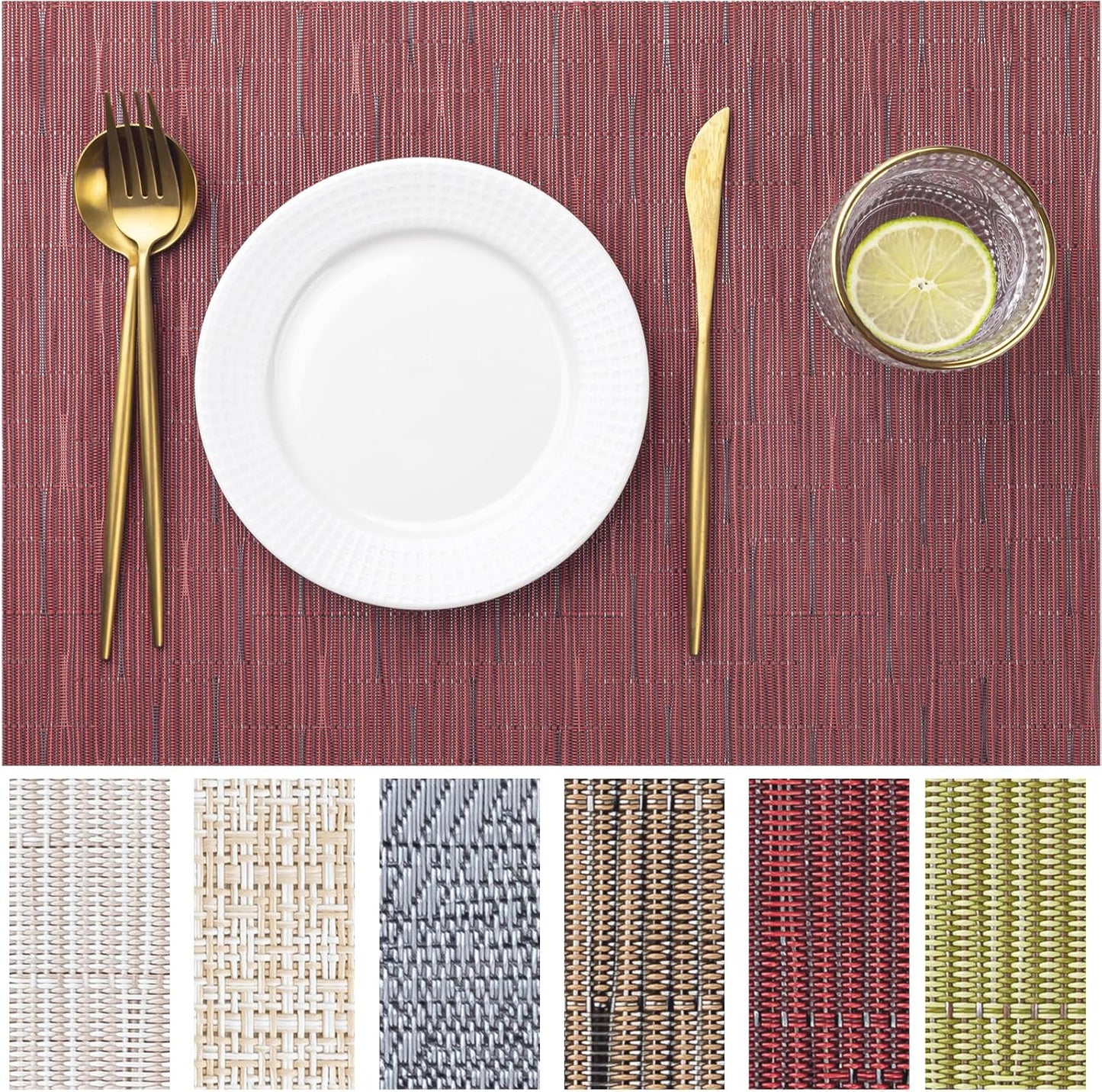 LEXMORE Placemats Set of 8 Vinyl/Plastic Woven Place Mats for Kitchen Table Indoor/Outdoor Washable Placemat Wipeable Dining Table Mats(Burgundy)
