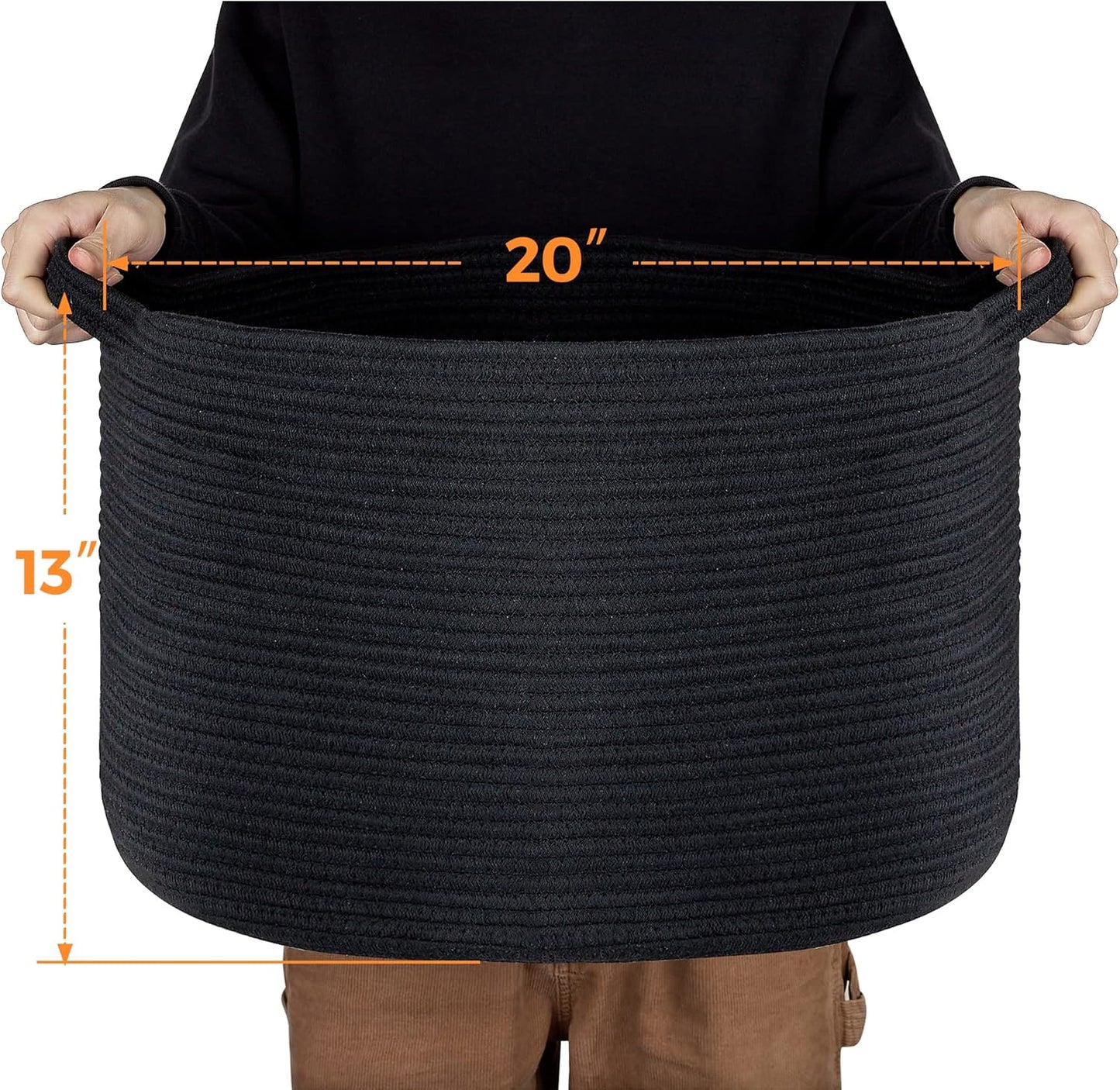 Ravinte Blanket Basket - 20"x 20"x 13" Cotton Rope Basket for Living Room, Baby Toy Storage Basket, Large Woven Laundry Basket (Black)