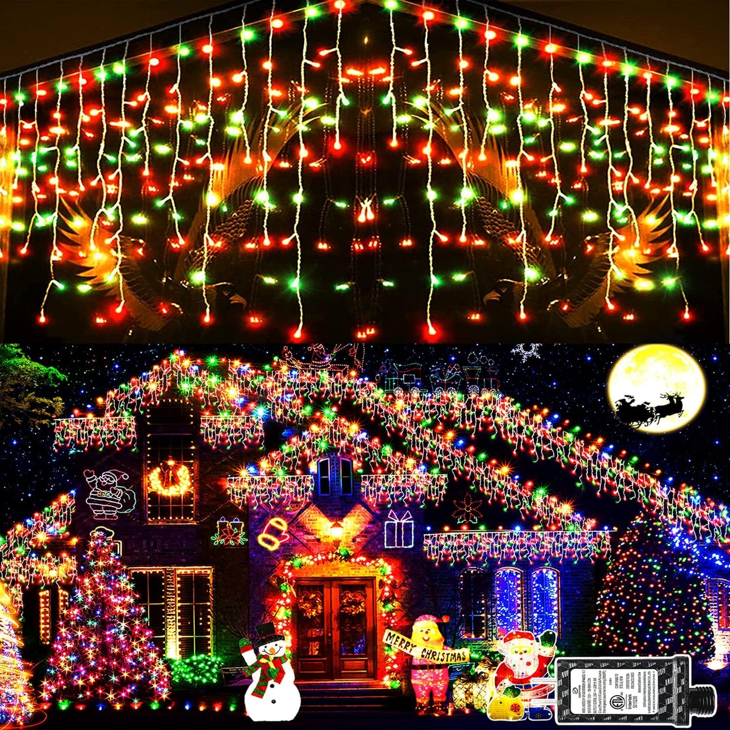 KNONEW 99ft 1216 LED Christmas Lights Outdoor Decorations with 228 Drops, 8 Modes Curtain Fairy Light, Clear Wire LED String Light Decor for Wedding Party Christmas (Red and Green)