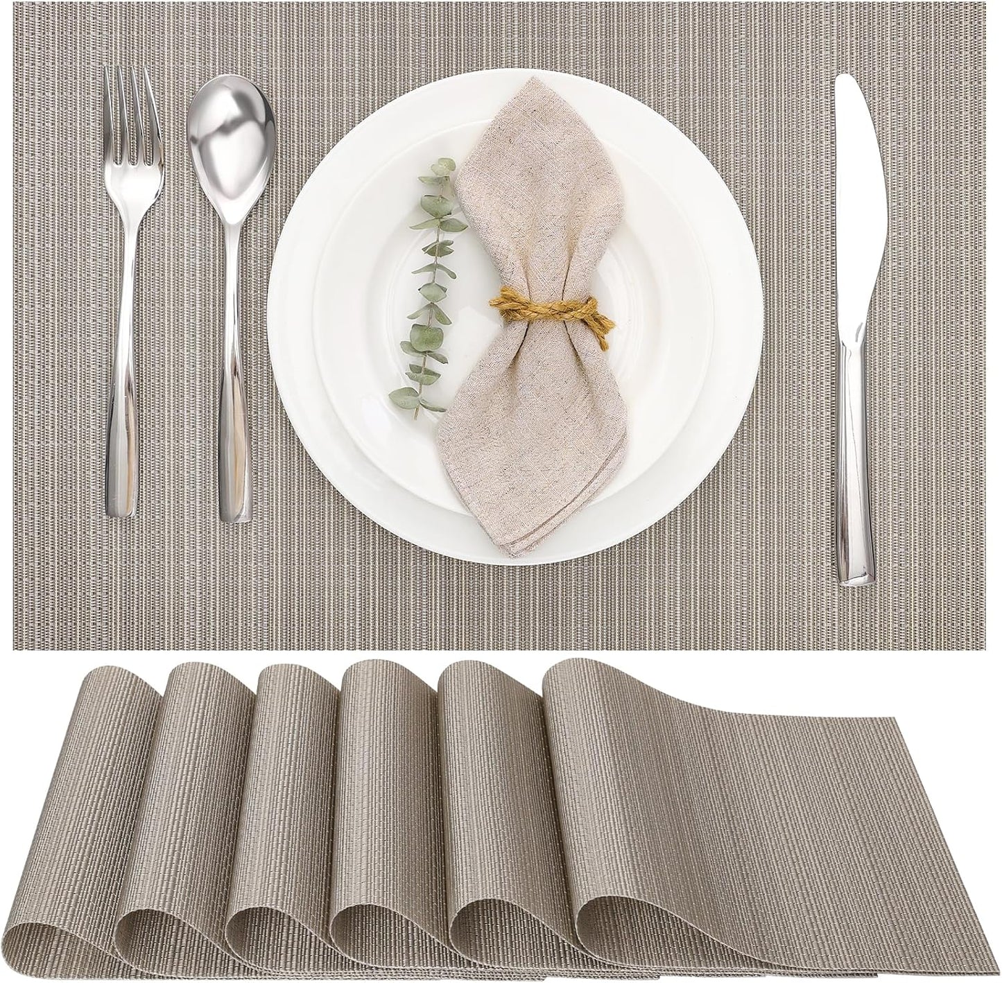 Myir JUN Placemats Set of 6, Vinyl Woven Placemats Place Mats Indoor Washable Table Mats Non-Slip Place mats for Dining Table (Golden Silver, Set of 6)