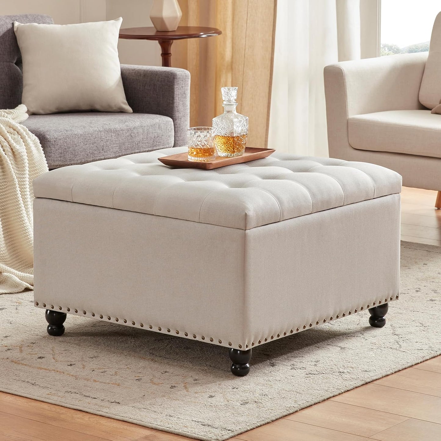 Tbfit Large Square Storage Ottoman Bench, Botton Tufted Upholstered Coffee Table with Wooden Legs, Oversized Storage Ottomans Toy Box Footrest for Living Room, Apartment, Beige