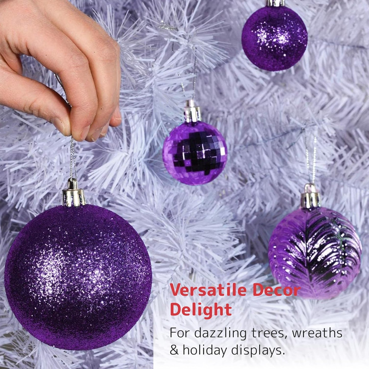 PREXTEX 36-Piece Purple Christmas Ornaments Set - Shatterproof Plum Colored Tree Balls - 6 Styles, 3 Sizes with Hanging Loops to Decorate Christmas Tree - Ideal for Indoor and Outdoor Holiday Decor