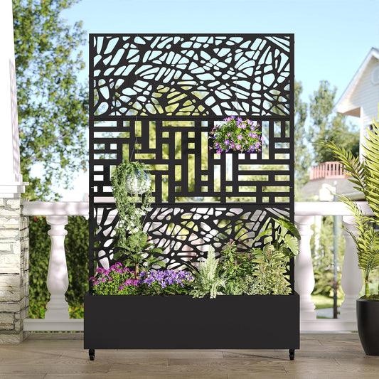 Casaphoria Metal Raised Garden Bed with Trellis and Wheels, 72"x47"x16" Planter Box for Climbing Plants, Vegetables & Vines, Features Drainage Holes and Privacy Screen, Black(Net&Helen)