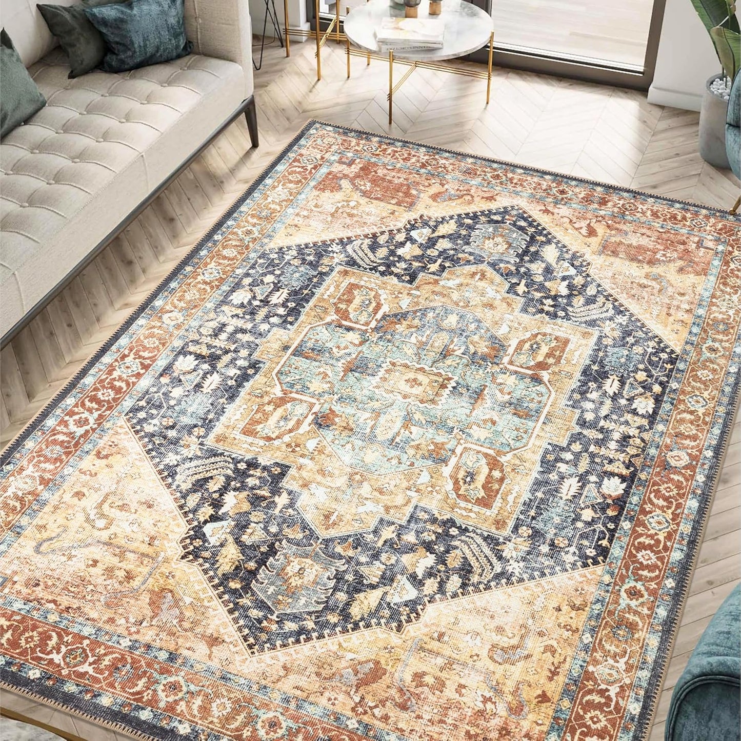 Keen Home Design 8x10 Rug - Machine Washable Area Rug with Non-Slip Backing, Ideal for Living Room, Dining Room, Bedroom - Vintage, Easy Clean, Durable, Low Pile Rug - (8' x 10')