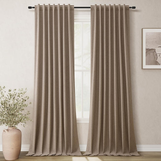 BOODII Full Blackout Curtains 90 Inches Long Room Darkening Curtain for Bedroom Sliding Door Thermal Insulated Black Out Curtains & Drapes Brown Neutral Linen 2 Panels Set Back Tab 52x90