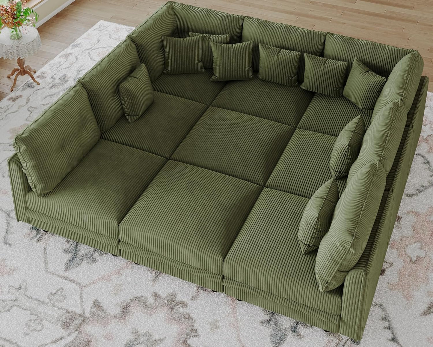 LLappuil Modular Sectional Sofa with Storage Seats, Corduroy Convertible Modular U Shaped Sectional Couch for Living Room, 9 Seat Oversized Sofa with 9 Back Cushion 9 Throw Pillow, Green