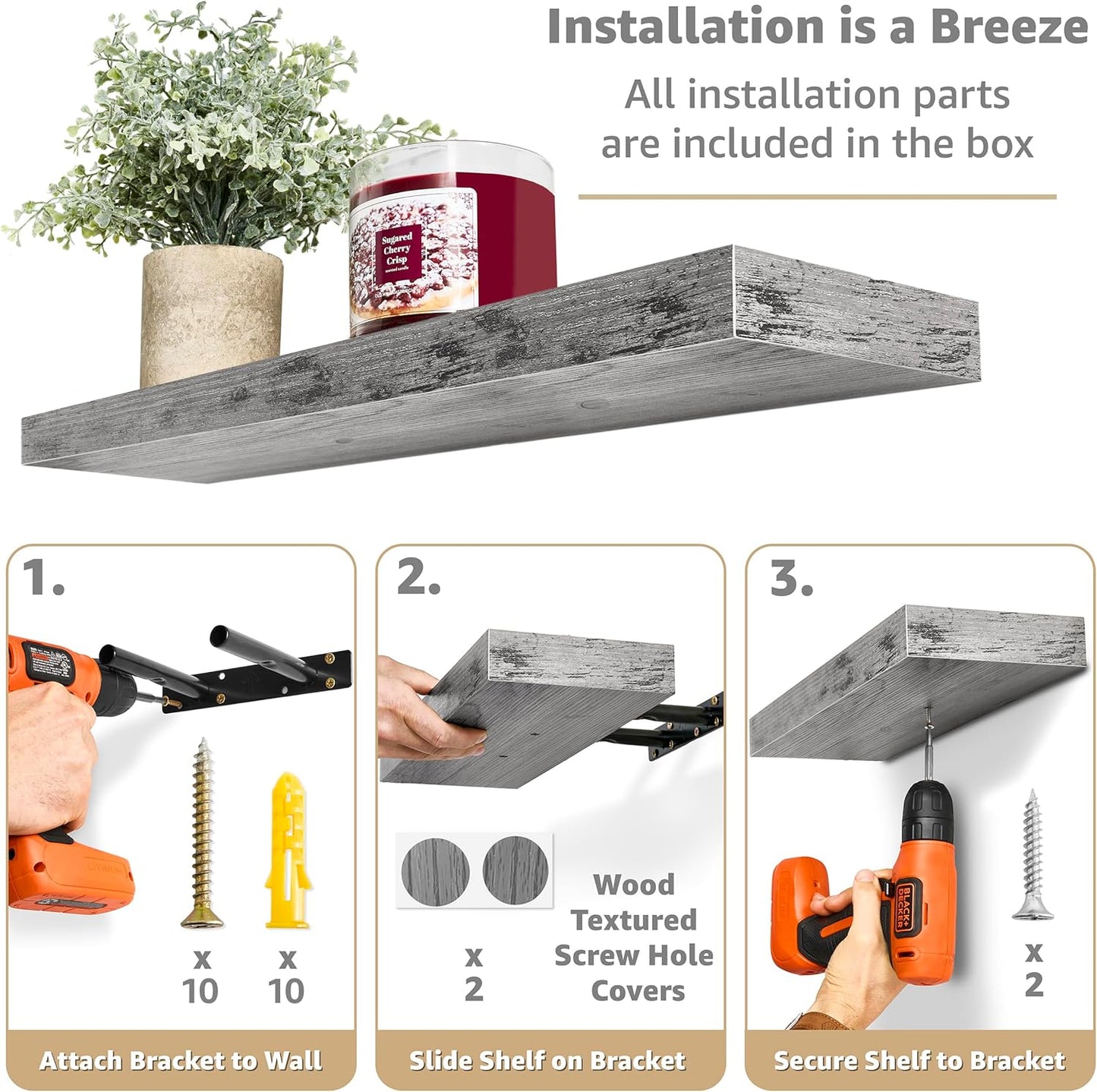 Sorbus Floating Shelves for Wall - 24" Bathroom Shelves, Wall Decor for Bedroom, Kitchen, Living Room, Home Decor & Book Storage - Mounted Floating Shelf with Invisible Brackets (Gray, 2 Pack)