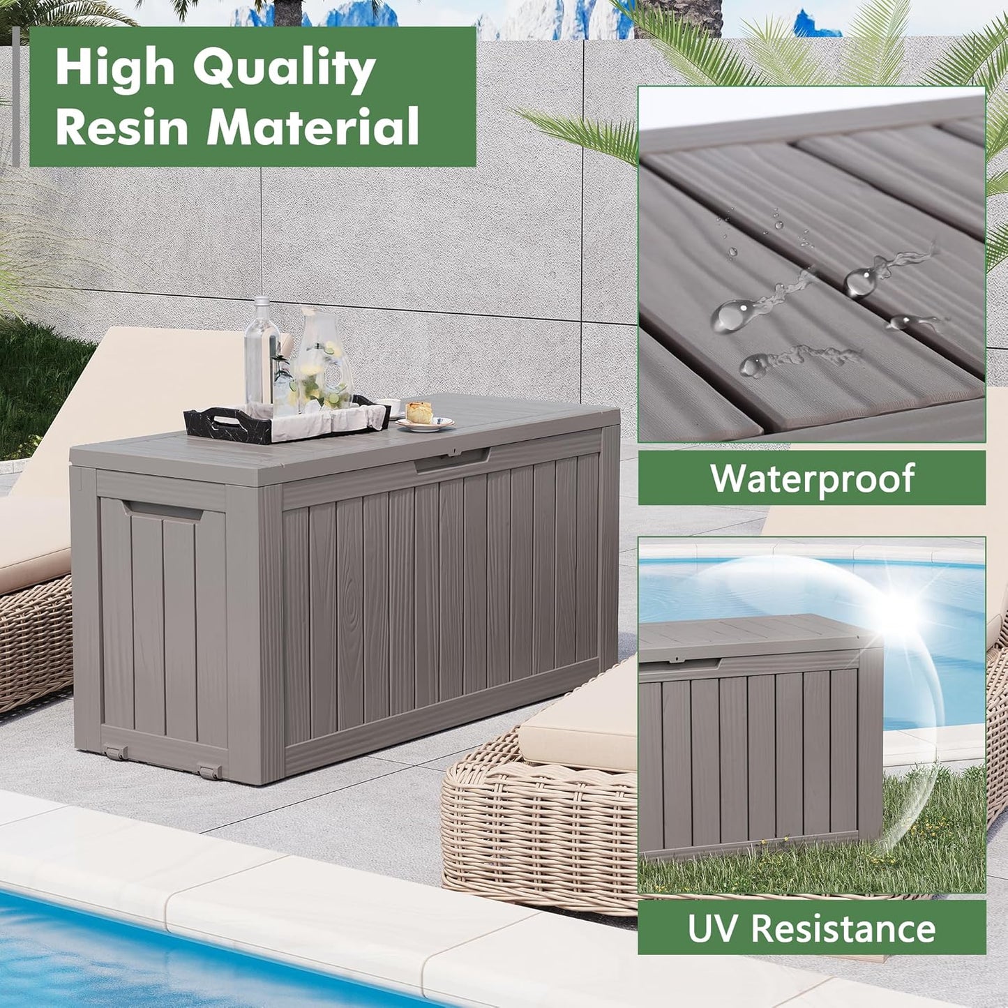 72 Gallon Deck Box Lockable Resin Outdoor Storage Box waterproof Outdoor Container for Patio Furniture Cushions, Pillow