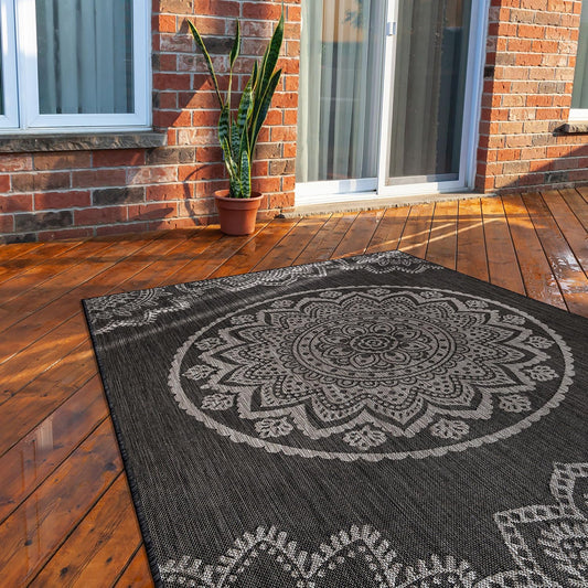 CAMILSON Outdoor Rug 6x9 Modern Area Rugs for Indoor and Outdoor Patios and Porches - Waterproof Washable Non-Shedding Easy-to-Clean Outside Carpet (6 x 9, Medallion - Dark Grey/Light Grey)