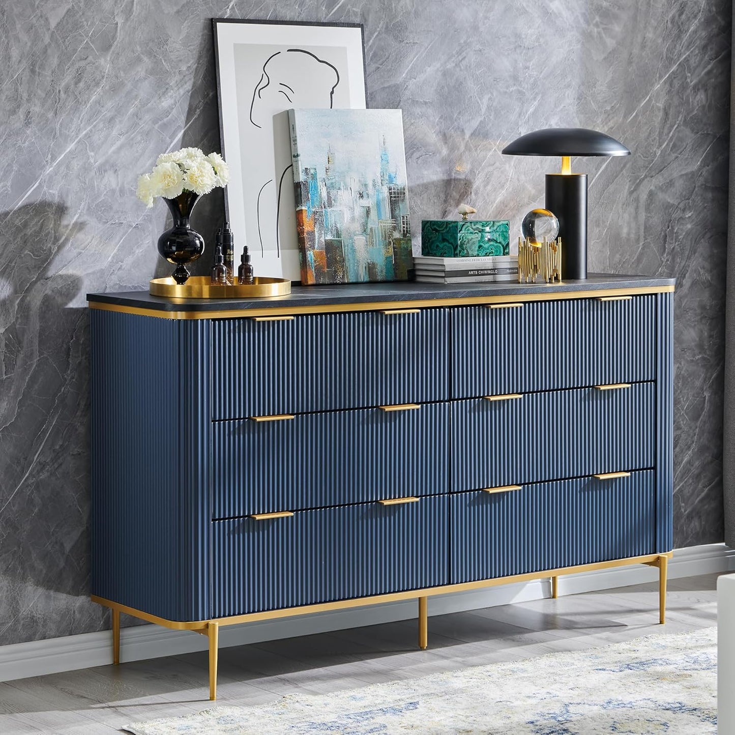 T4TREAM Fluted 6 Drawers Dresser for Bedroom, 54" Wide Modern Dresser TV Stand, Gold Accents, Fluted Fronts, Wood Storage Dressers Organizer for Bedroom, Living Room, Navy Blue