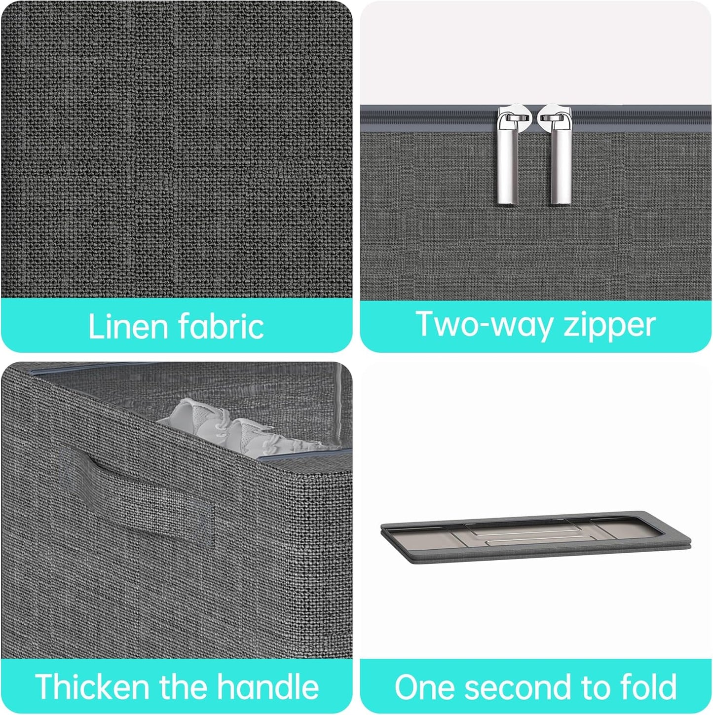 3PCS Under Bed Storage Bins with Metal Frame, Linen Fabric Frame Storage Box Clothes Organizer Bins, Underbed Container with Clear Window (Dark Grey, 15.7 x 13 x 6IN)