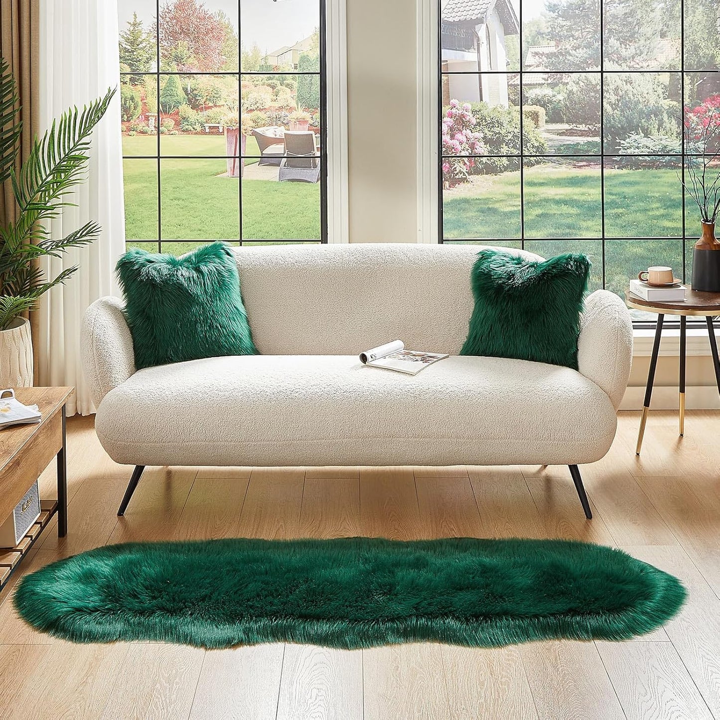 AMTOVO Faux Sheepskin Rug, Dark Green Ultra Soft Fluffy Shag Area Rug, 2 x 6 ft Faux Fur Rug for Bedroom Sofa Throw Cushion Room Decor, Sheepskin