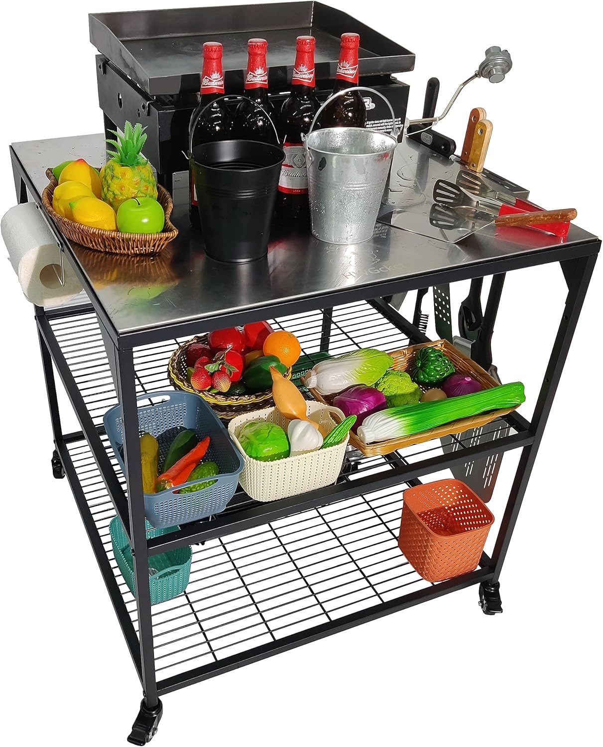 Stainless Steel 3-Tier Mobile Cart for Outdoor Grills & Pizza Ovens