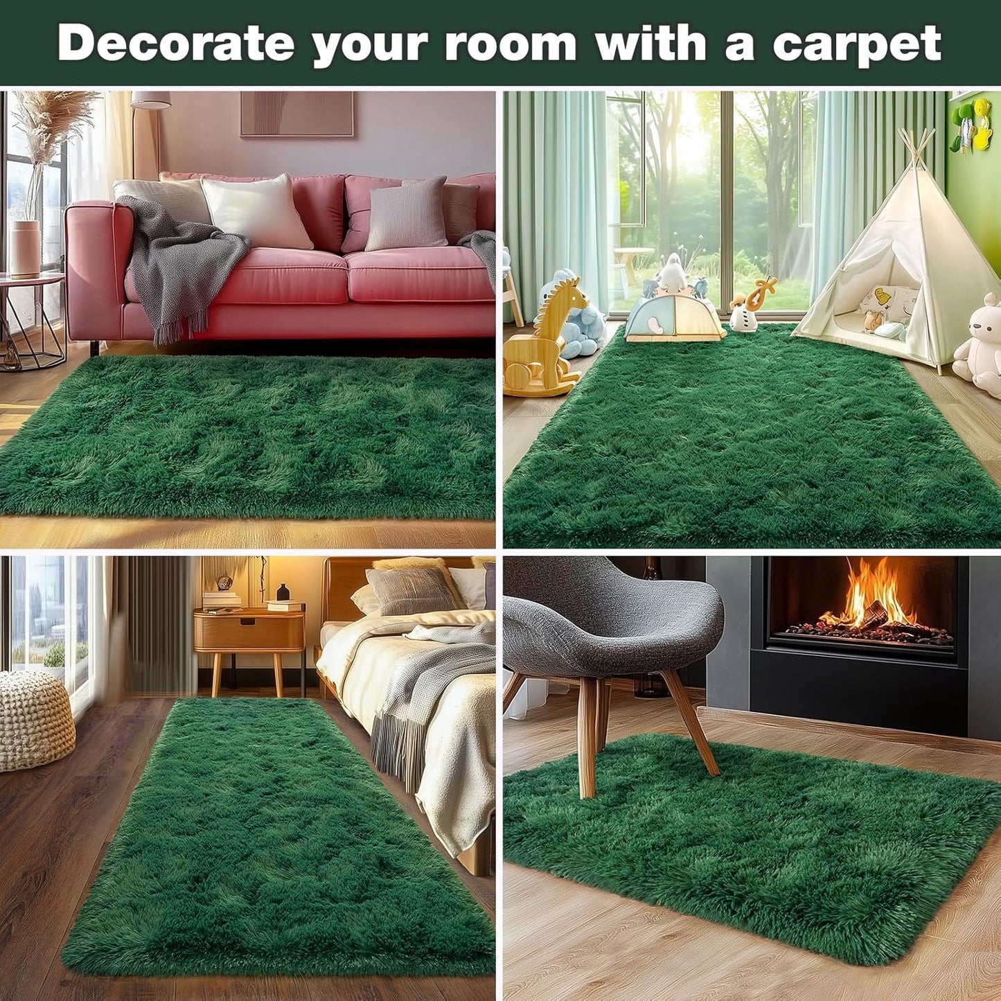Rezutan 8x10 Rugs for Living Room, Large Comfy Modern Shaggy Fluffy Dark Green Area Rugs for Bedroom, Soft Carpet Shag Kids Room Rug, Non-Slip Rugs Indoor.