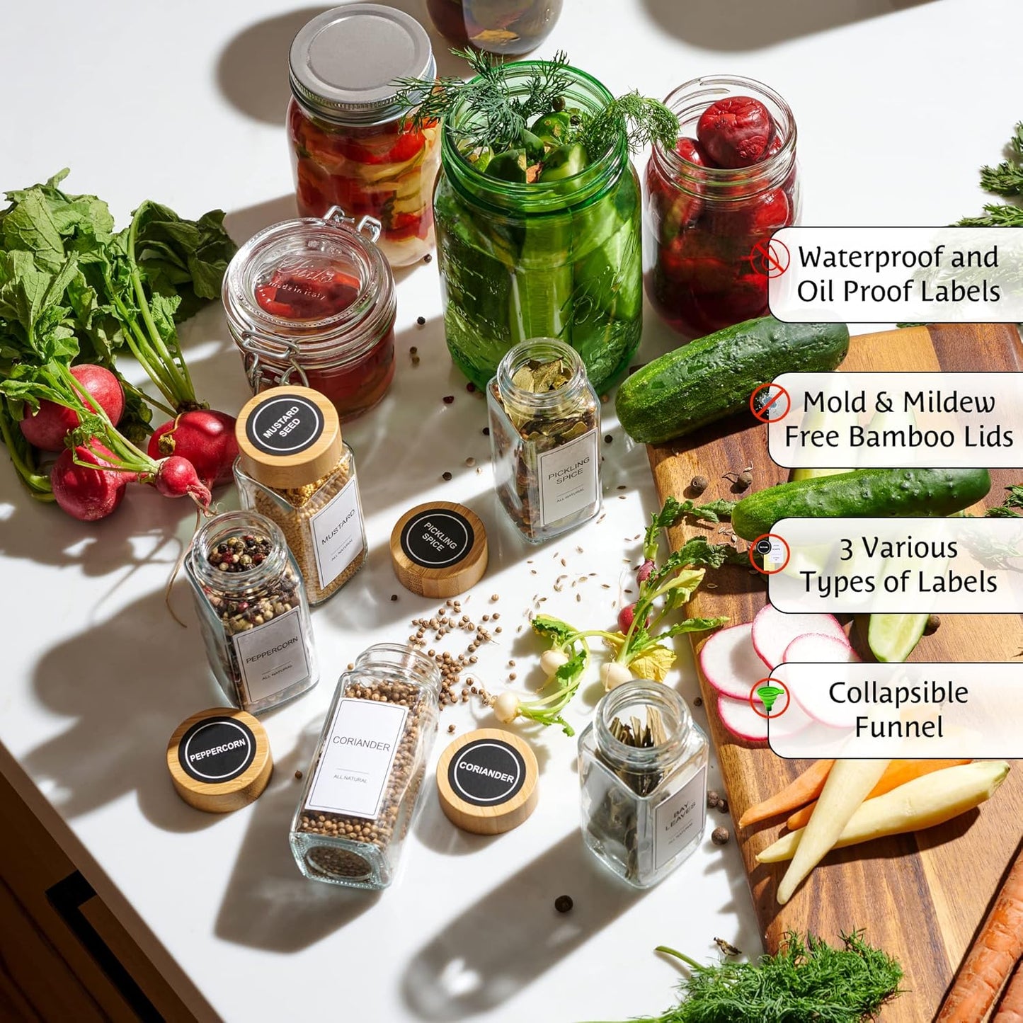 Set of 24 Glass Spice Jars with Various Labels, Bamboo Shaker Lids & Funnel, Kitchen Storage Jars with Airtight Lid, Spices & Seasonings Sets Organizer, Spice Containers, Glass Jar Food Canister