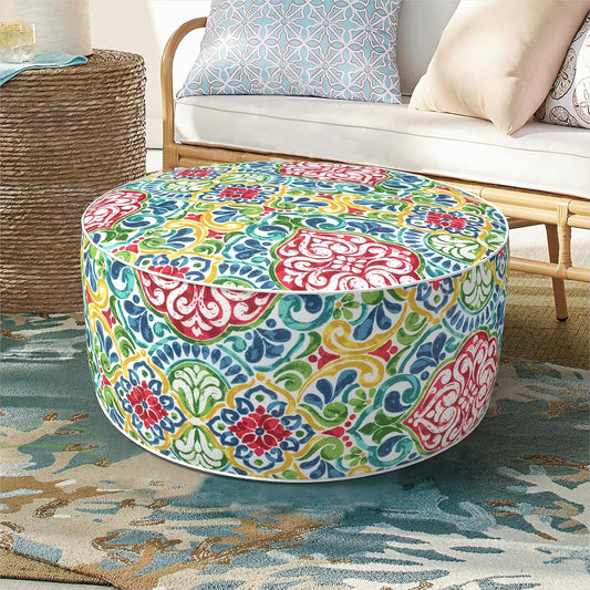 Inflatable Ottoman Stool D21 xH9 for Outdoor/Indoor Use, Water Repellent Patio Foot Rest Stool with Portable Handle,Round Pouf Ottoman Suitable for Garden,Deck and Camping - Damask Red