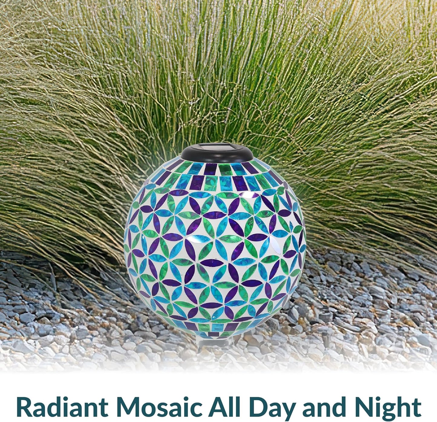 Sunnydaze 10 inch Solar Gazing Ball for Garden - Glass Outdoor Gazing Globe - Mosaic Cool Blooms