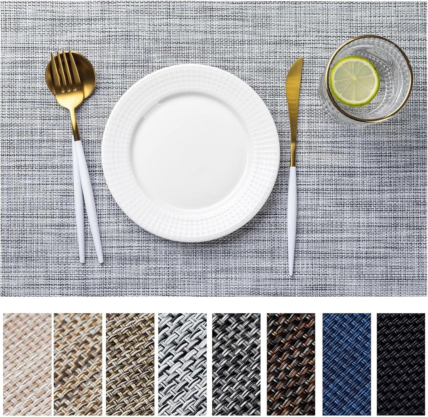 LEXMORE Placemats Set of 4 Vinyl/Plastic Woven Place Mats for Kitchen Table Indoor/Outdoor Washable Placemat Wipeable Dining Table Mats(A-Gray)
