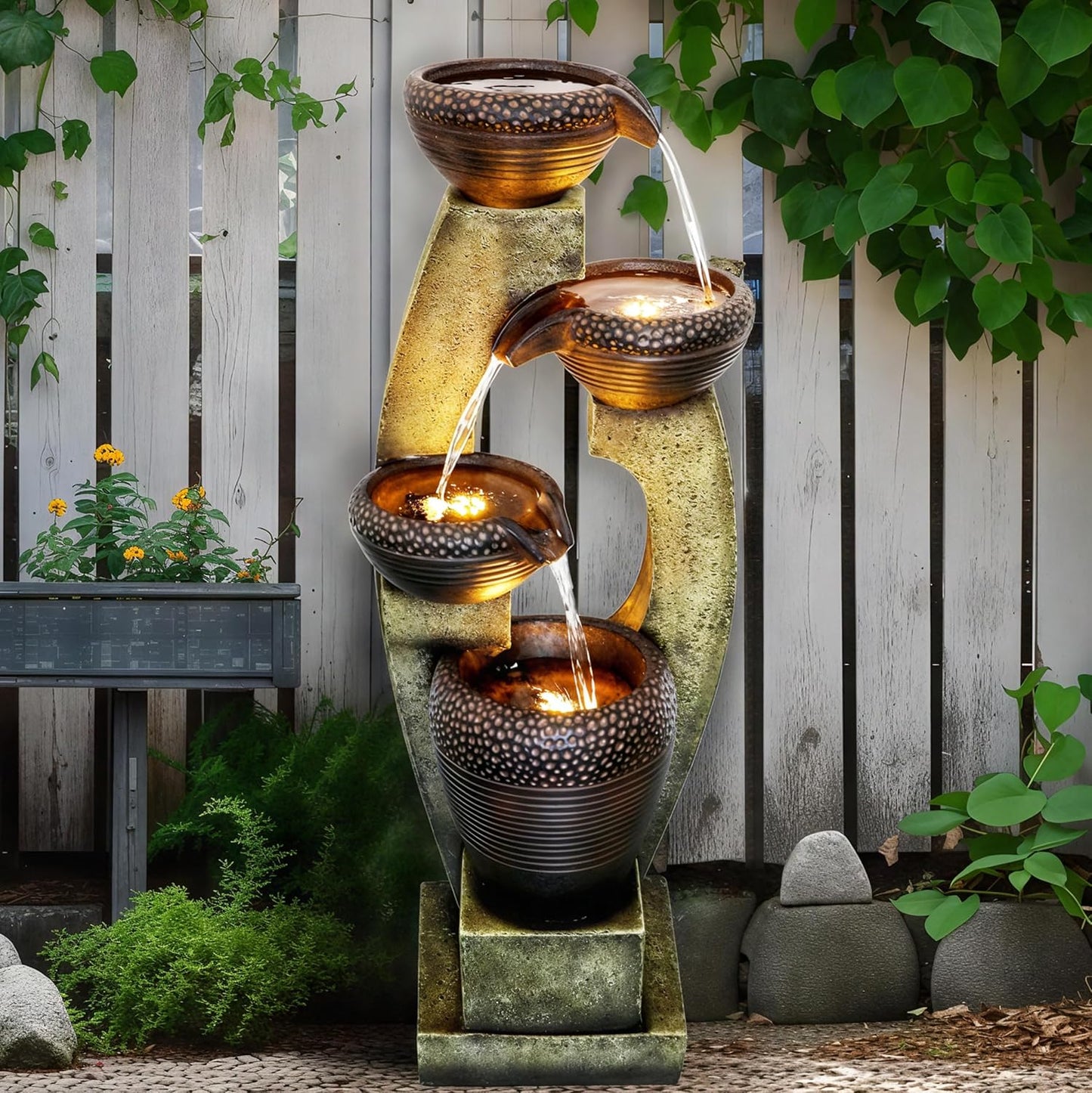 Naturefalls 40” H Modern Outdoor Fountain - 4 Crocks Outdoor Garden Fountains with Contemporary Design&LED Light for Garden, Patio, Deck, Porch, Backyard and Home Art Decor (40in, Light Gray)