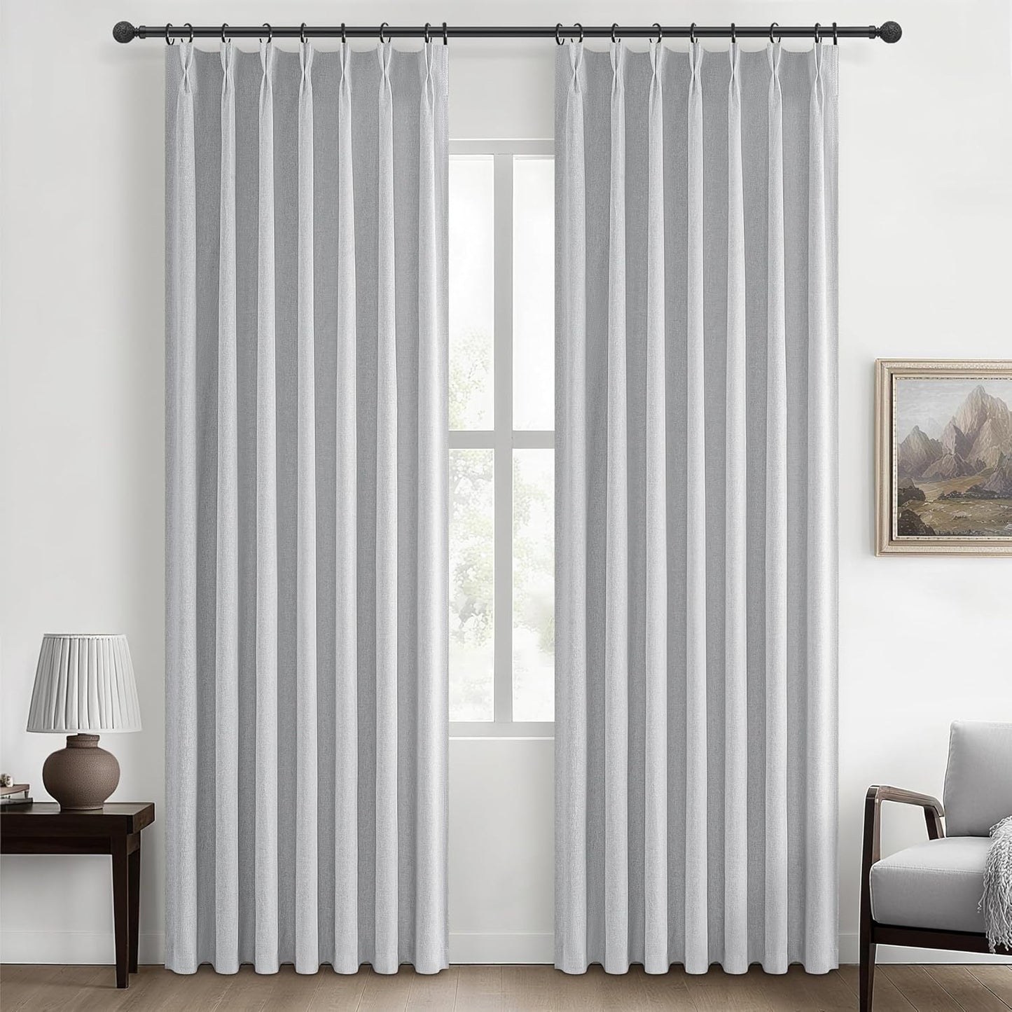 Light Grey Black Out Curtains 90 Inch Long for Living Room, Pinch Pleated Flax Linen Modern Insulated Drapes with Hooks Bedroom Curtain 2 Panels Set Soundproof Privacy Windows (40"Wx90"Lx2 Light Gray)