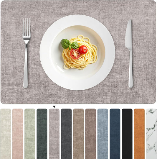 FROMHEART Faux Leather Placemats Set of 12–Waterproof,Heat/Oil Stain-Resistant PU Table Mat–Reversible,Non-Slip,Easy to Clean Place Mats for Kitchen,Dining,Indoor/Outdoor,(Light Grey,11.8" x 17")