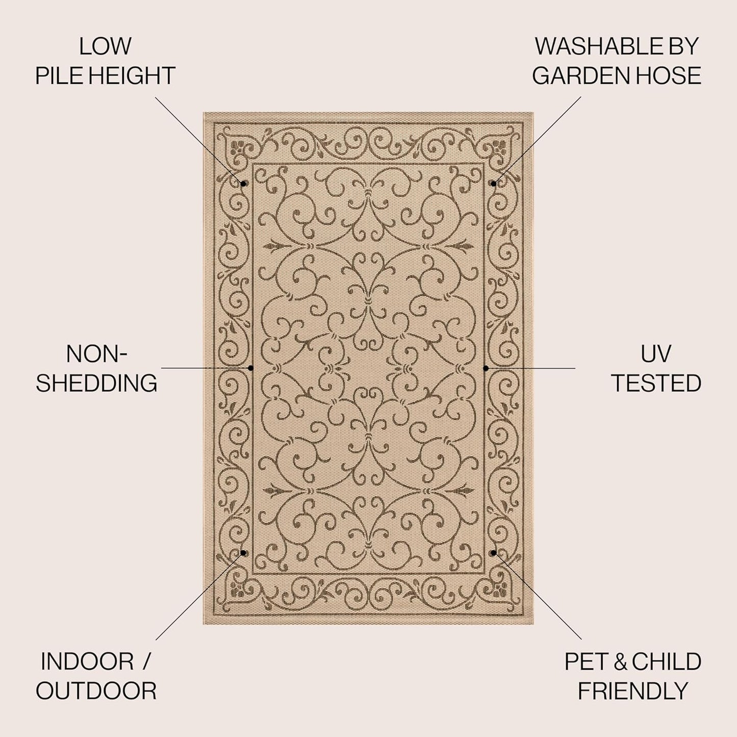 JONATHAN Y Vintage Filigree Indoor Outdoor Round Area Rug 8 Ft Beige/Brown, Charleston Textured Weave for Backyard, Patio, Porch, Easy-Cleaning, High Traffic, Pet-Friendly, Non-Shedding (SMB106A-8R)